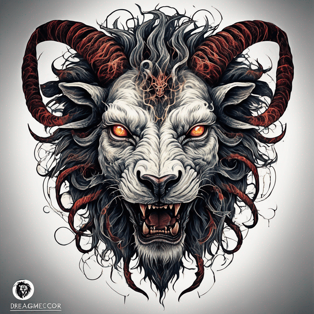 fierce goat-lion demon face, snarling maw, twisted goat horns, glowing eyes, occult sigils, cracked skin, neo-traditional blackwork, bold lines