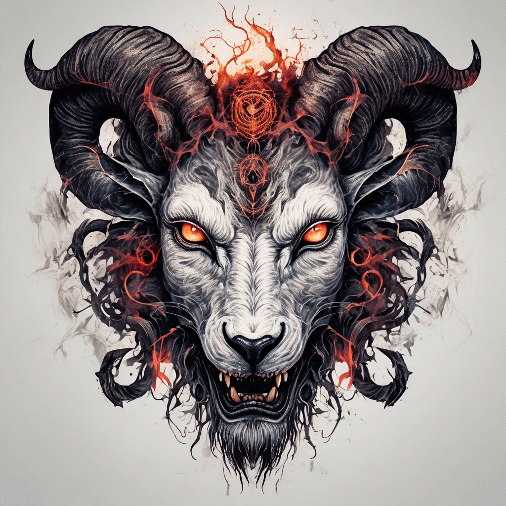 fierce goat-lion demon face, snarling maw, twisted goat horns, glowing eyes, occult sigils, cracked skin, neo-traditional blackwork, bold lines