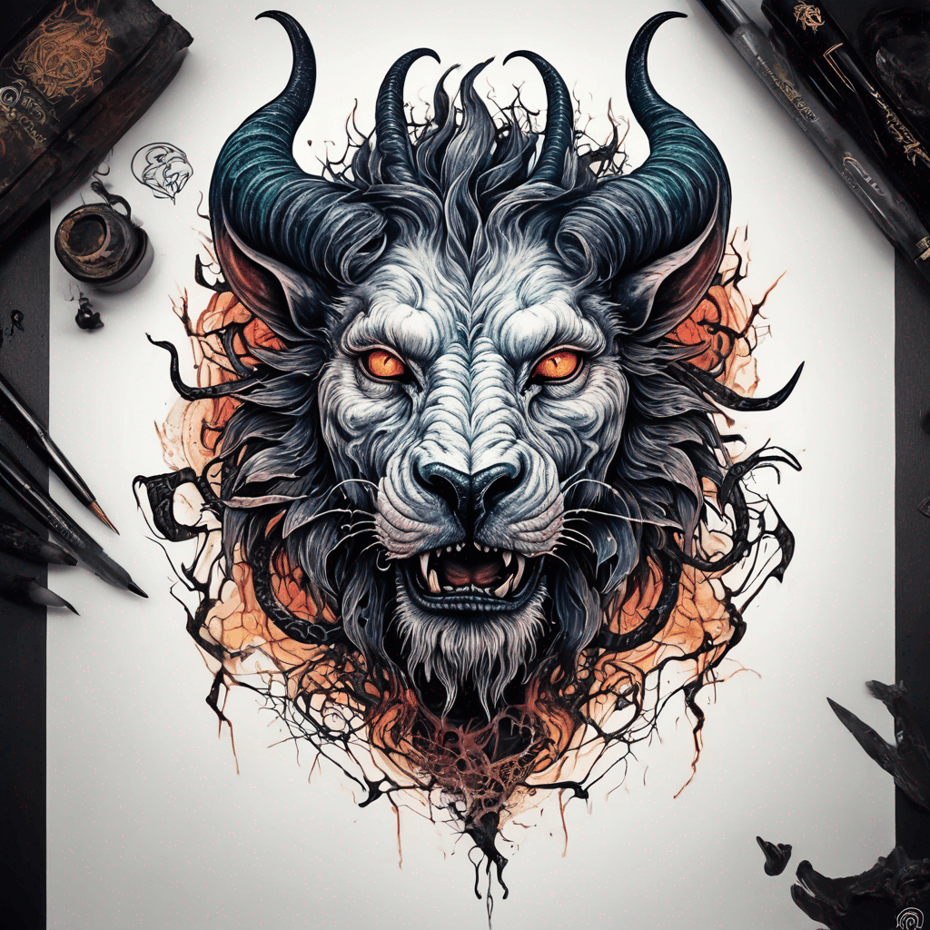fierce goat-lion demon face, snarling maw, twisted goat horns, glowing eyes, occult sigils, cracked skin, neo-traditional blackwork, bold lines