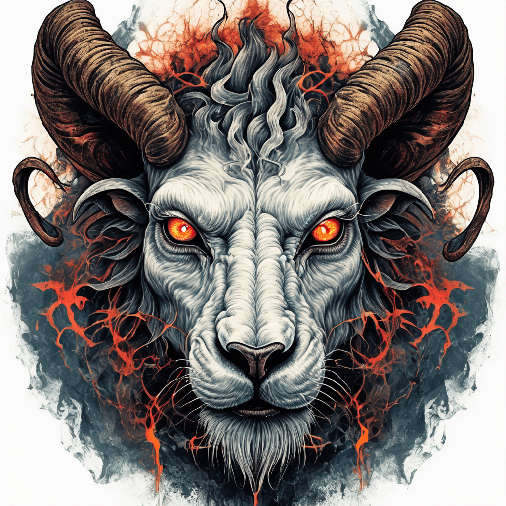 fierce goat-lion demon face, snarling maw, twisted goat horns, glowing eyes, occult sigils, cracked skin, neo-traditional blackwork, bold lines