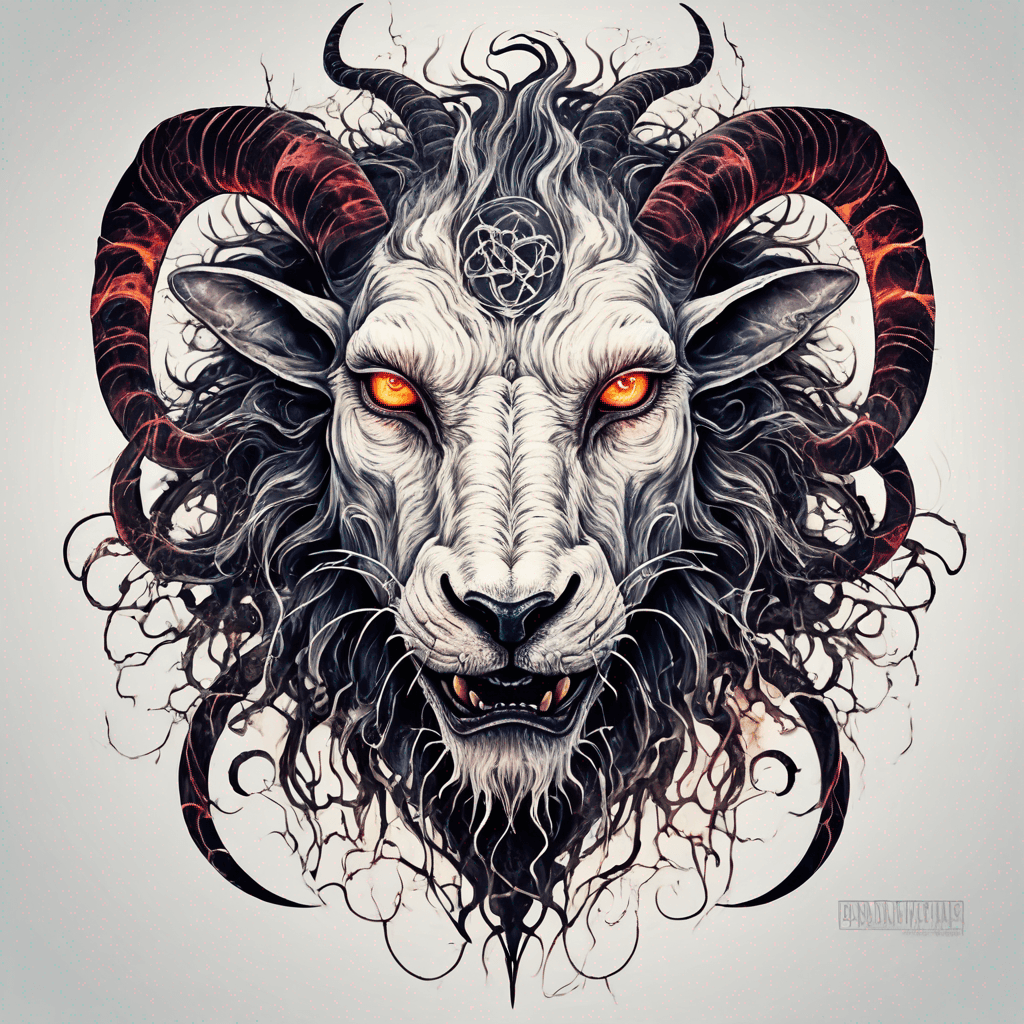 fierce goat-lion demon face, snarling maw, twisted goat horns, glowing eyes, occult sigils, cracked skin, neo-traditional blackwork, bold lines