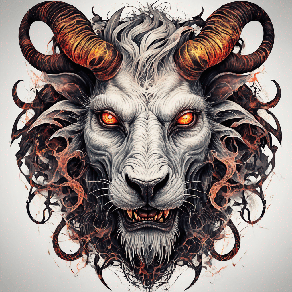 fierce goat-lion demon face, snarling maw, twisted goat horns, glowing eyes, occult sigils, cracked skin, neo-traditional blackwork, bold lines