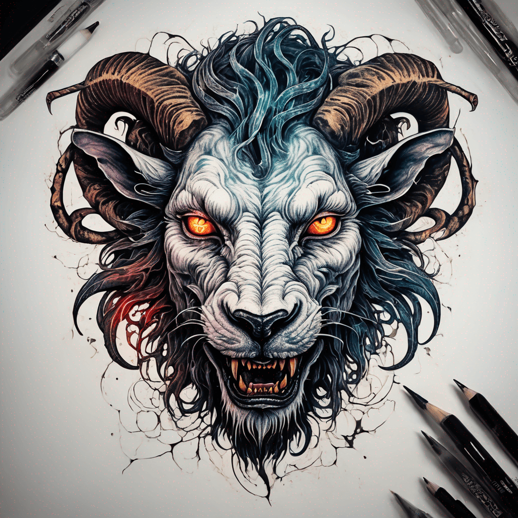 fierce goat-lion demon face, snarling maw, twisted goat horns, glowing eyes, occult sigils, cracked skin, neo-traditional blackwork, bold lines