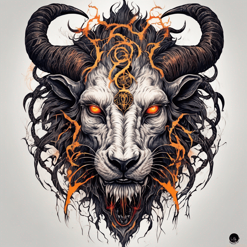 fierce goat-lion demon face, snarling maw, twisted goat horns, glowing eyes, occult sigils, cracked skin, neo-traditional blackwork, bold lines