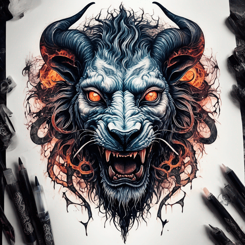fierce goat-lion demon face, snarling maw, twisted goat horns, glowing eyes, occult sigils, cracked skin, neo-traditional blackwork, bold lines