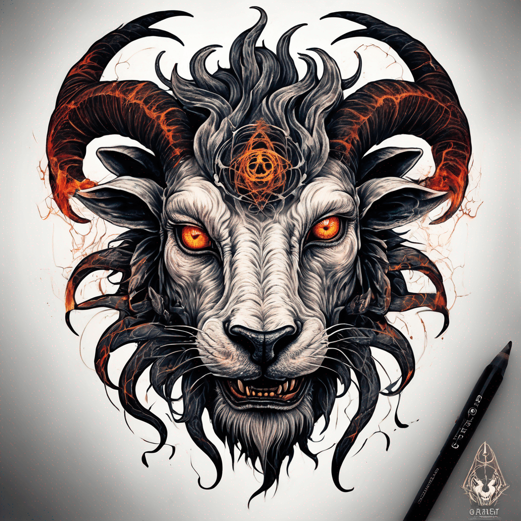 fierce goat-lion demon face, snarling maw, twisted goat horns, glowing eyes, occult sigils, cracked skin, neo-traditional blackwork, bold lines