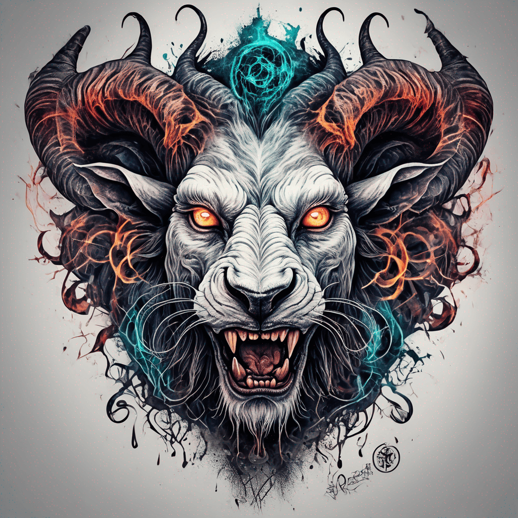 fierce goat-lion demon face, snarling maw, twisted goat horns, glowing eyes, occult sigils, cracked skin, neo-traditional blackwork, bold lines
