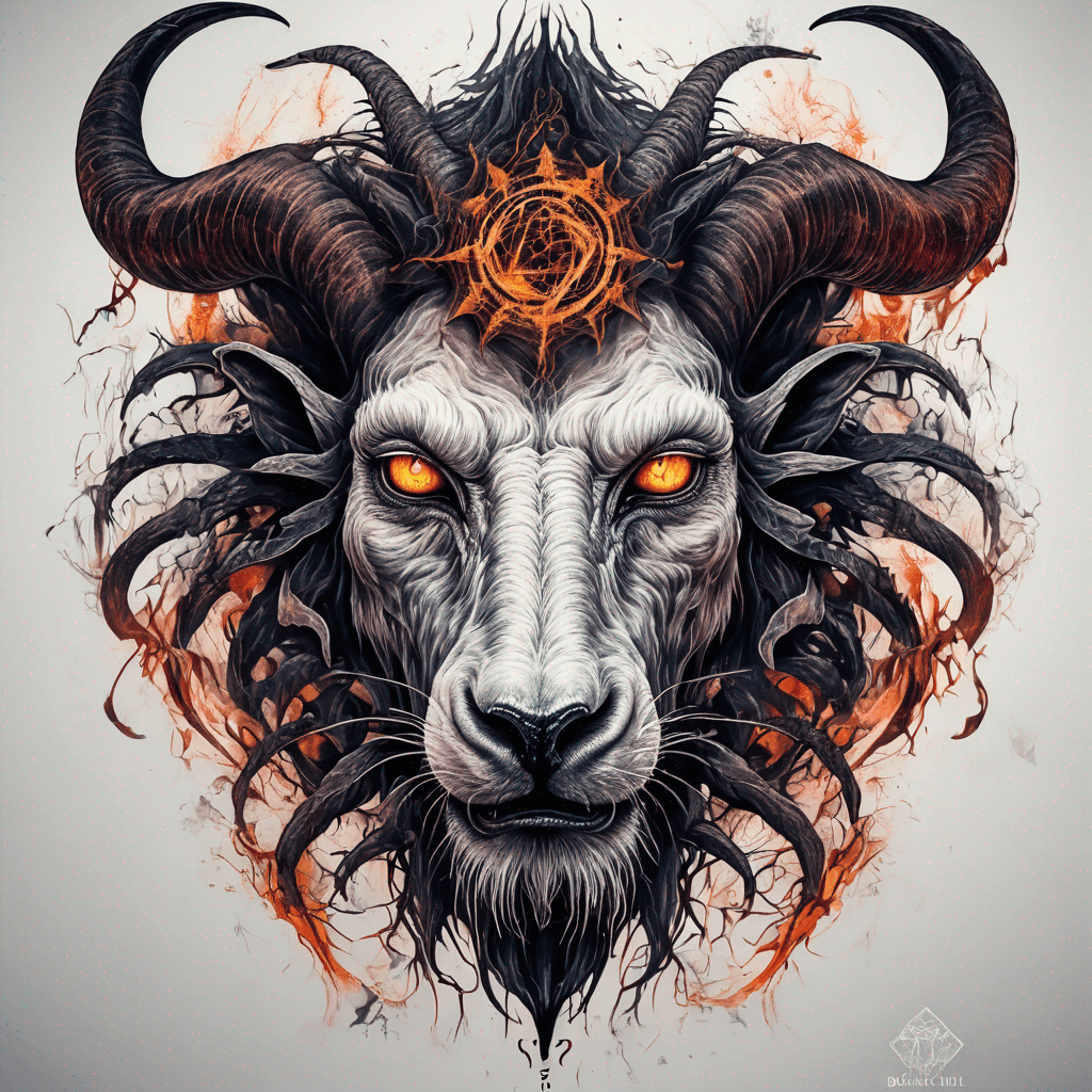 fierce goat-lion demon face, snarling maw, twisted goat horns, glowing eyes, occult sigils, cracked skin, neo-traditional blackwork, bold lines