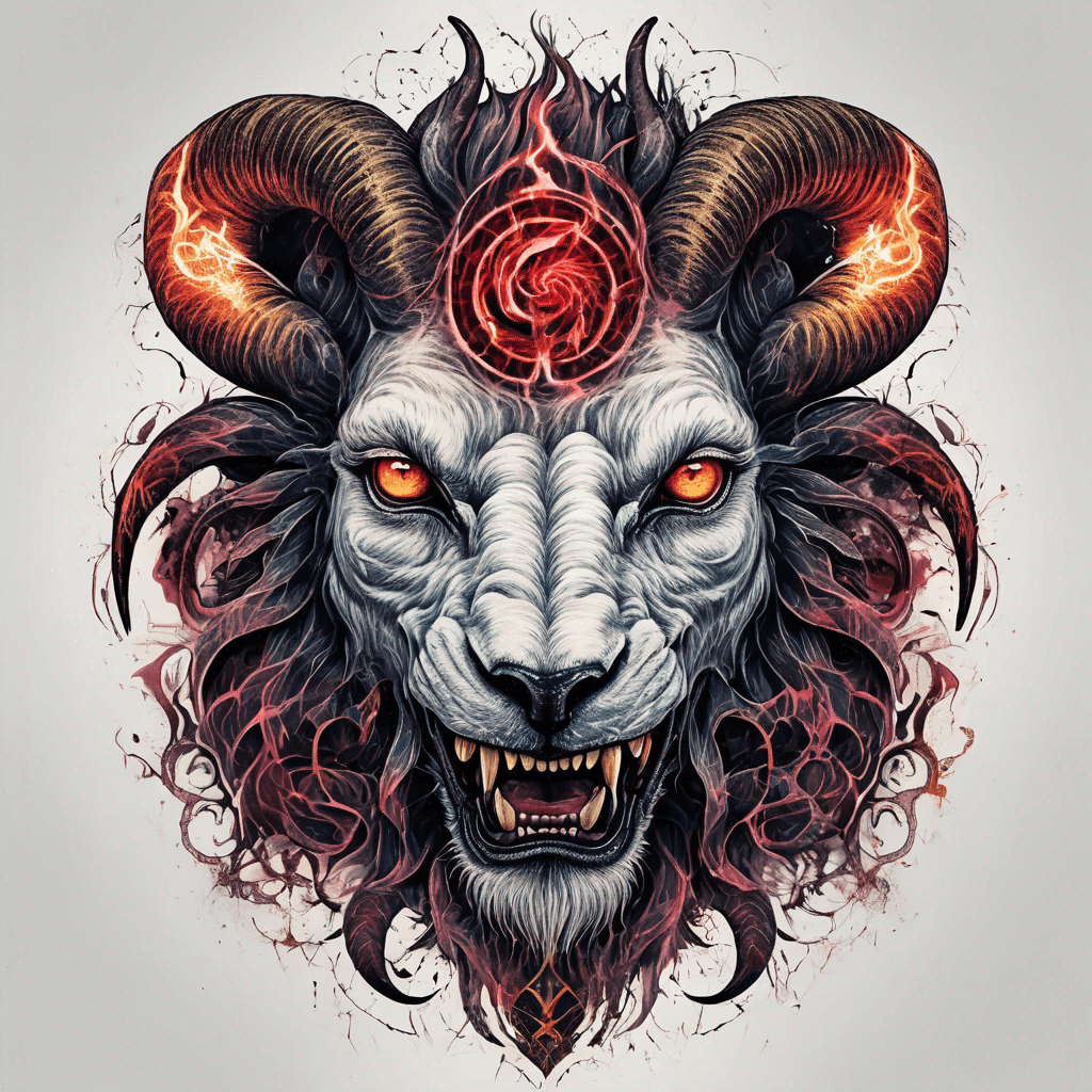 fierce goat-lion demon face, snarling maw, twisted goat horns, glowing eyes, occult sigils, cracked skin, neo-traditional blackwork, bold lines
