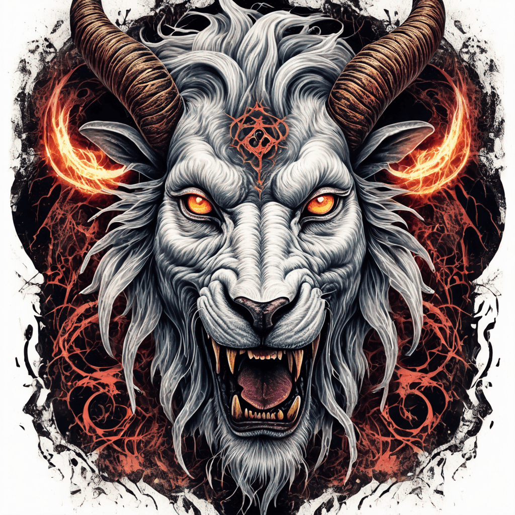 fierce goat-lion demon face, snarling maw, twisted goat horns, glowing eyes, occult sigils, cracked skin, neo-traditional blackwork, bold lines