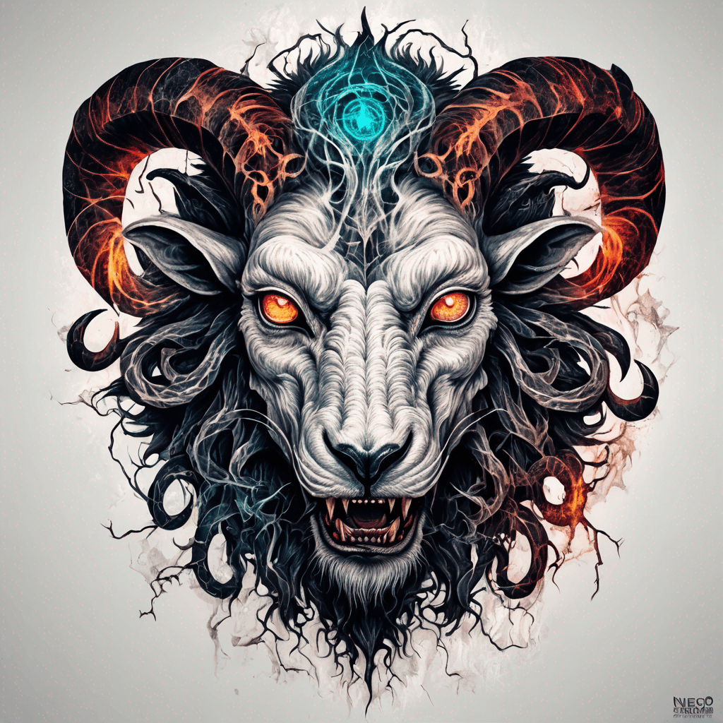 fierce goat-lion demon face, snarling maw, twisted goat horns, glowing eyes, occult sigils, cracked skin, neo-traditional blackwork, bold lines