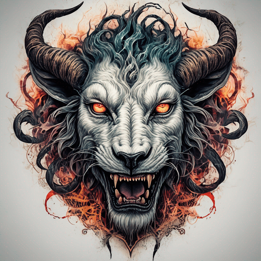 fierce goat-lion demon face, snarling maw, twisted goat horns, glowing eyes, occult sigils, cracked skin, neo-traditional blackwork, bold lines