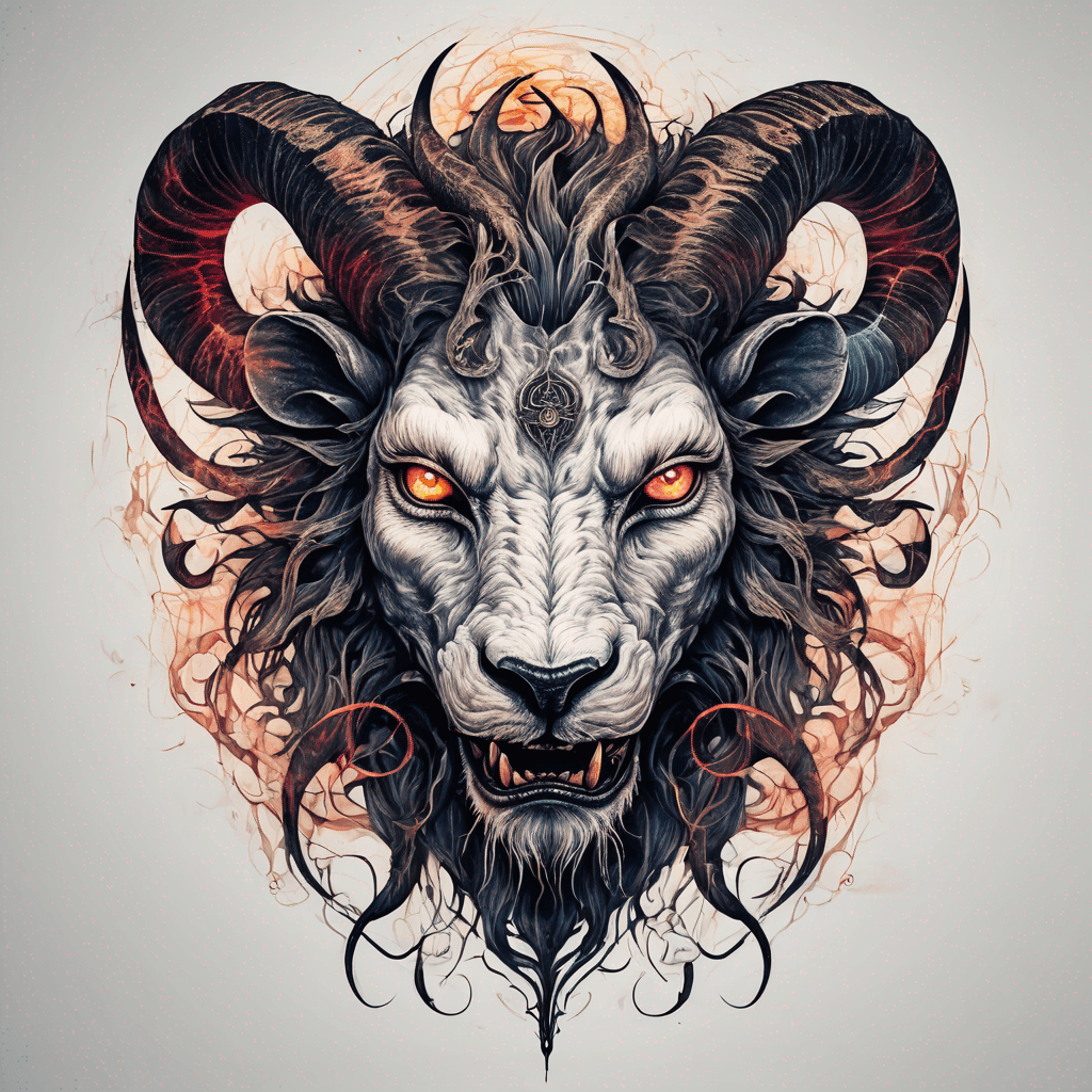 fierce goat-lion demon face, snarling maw, twisted goat horns, glowing eyes, occult sigils, cracked skin, neo-traditional blackwork, bold lines
