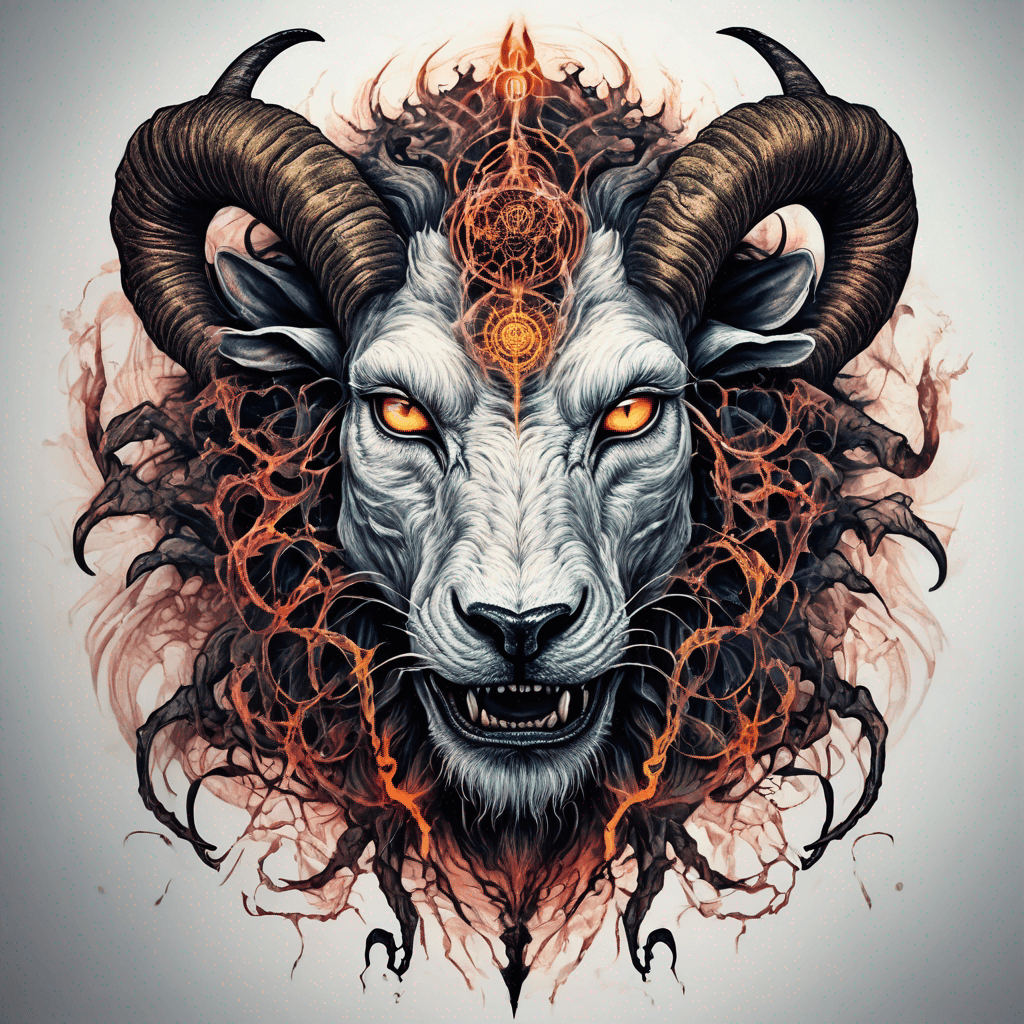 fierce goat-lion demon face, snarling maw, twisted goat horns, glowing eyes, occult sigils, cracked skin, neo-traditional blackwork, bold lines