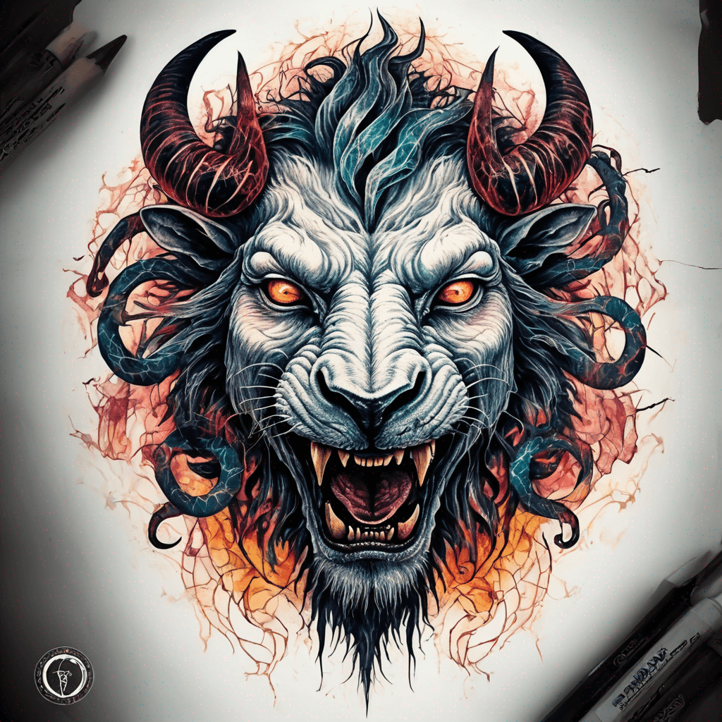 fierce goat-lion demon face, snarling maw, twisted goat horns, glowing eyes, occult sigils, cracked skin, neo-traditional blackwork, bold lines