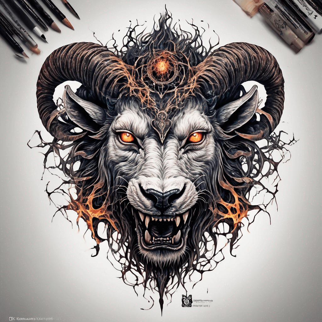 fierce goat-lion demon face, snarling maw, twisted goat horns, glowing eyes, occult sigils, cracked skin, neo-traditional blackwork, bold lines