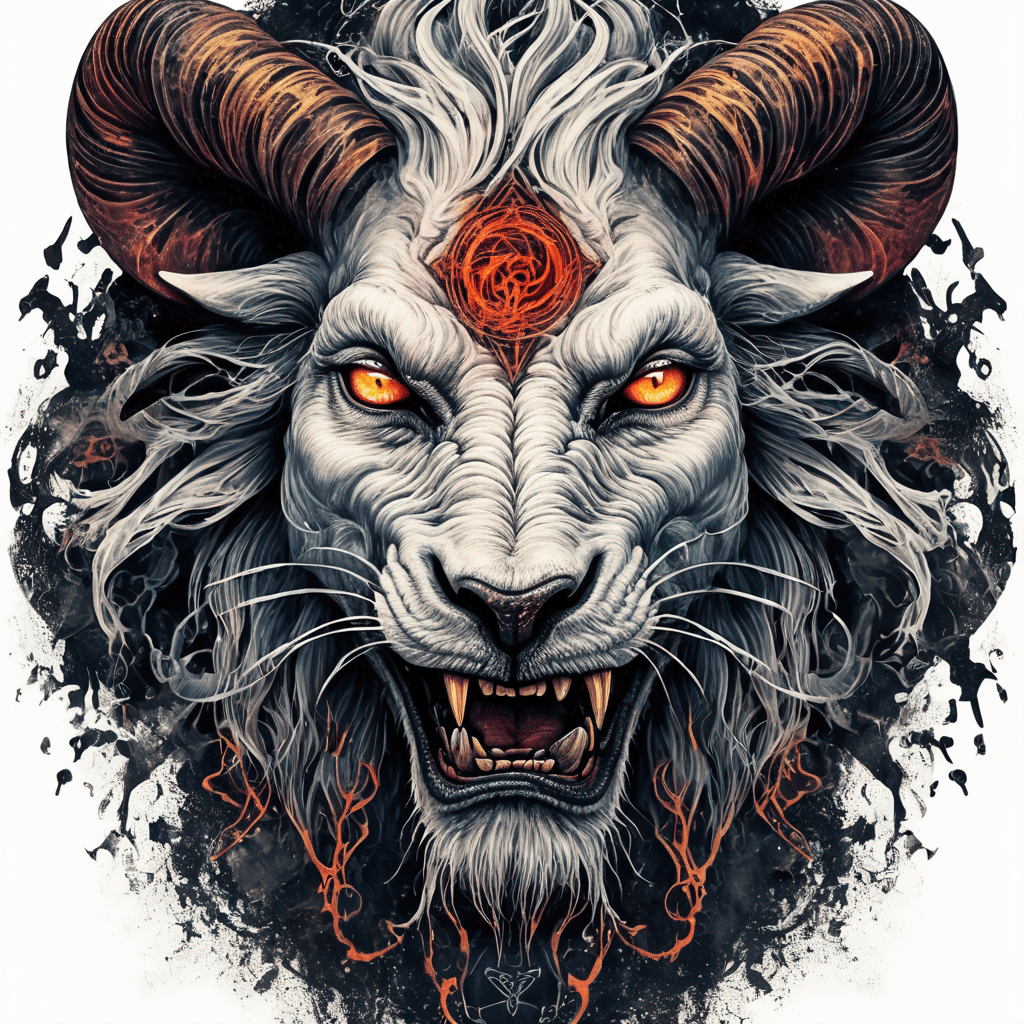 fierce goat-lion demon face, snarling maw, twisted goat horns, glowing eyes, occult sigils, cracked skin, neo-traditional blackwork, bold lines