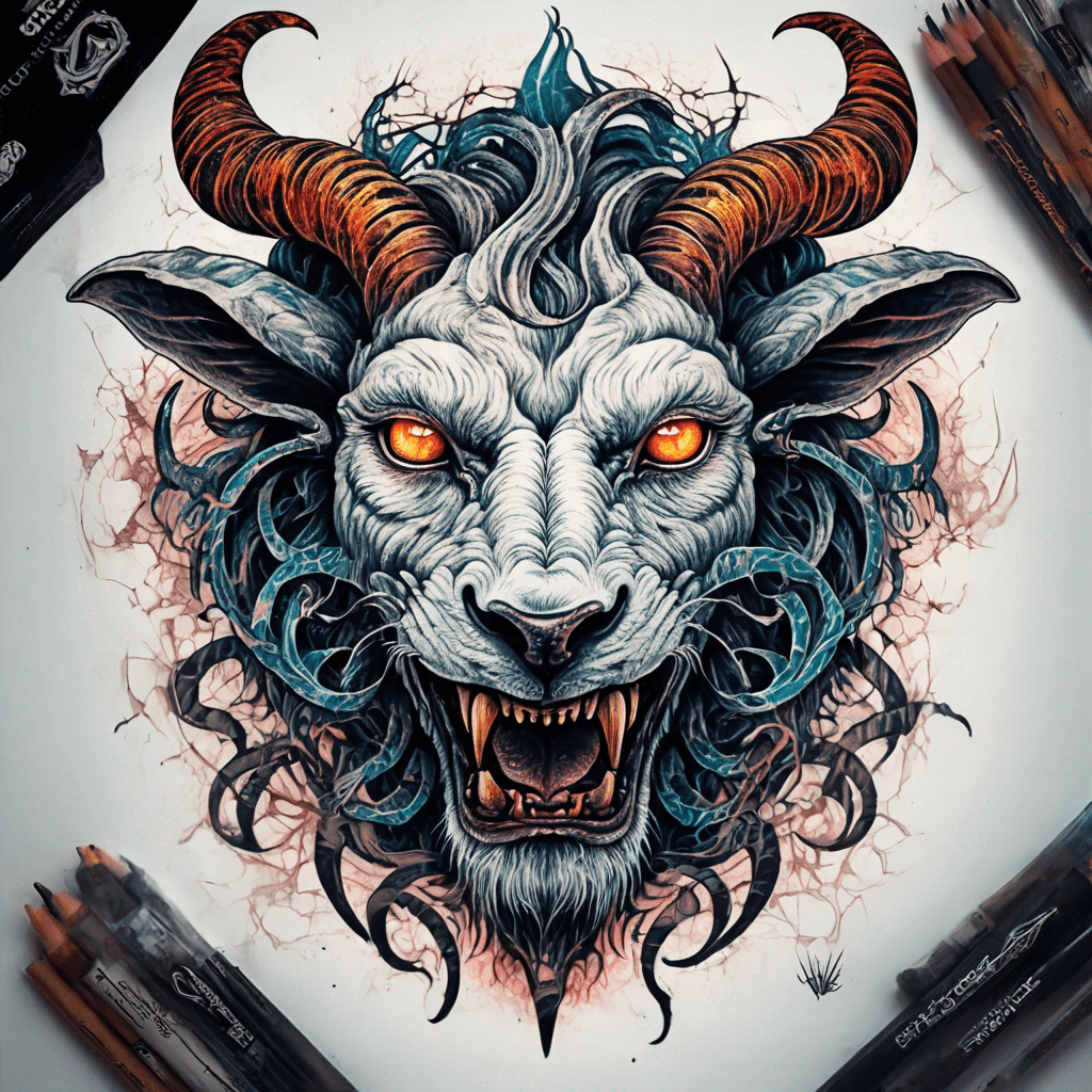 fierce goat-lion demon face, snarling maw, twisted goat horns, glowing eyes, occult sigils, cracked skin, neo-traditional blackwork, bold lines