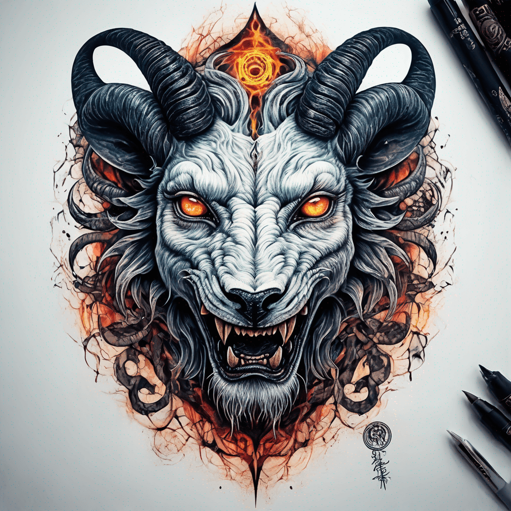 fierce goat-lion demon face, snarling maw, twisted goat horns, glowing eyes, occult sigils, cracked skin, neo-traditional blackwork, bold lines