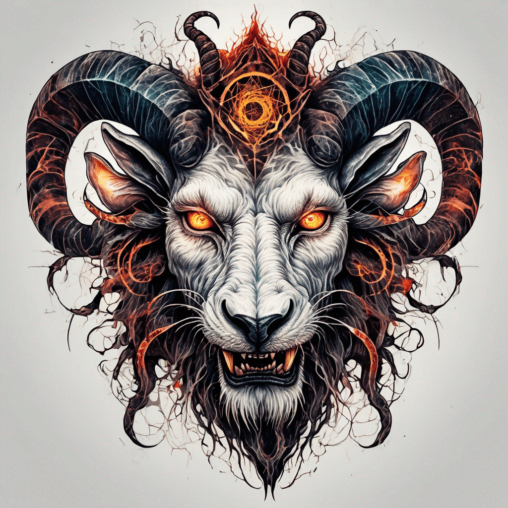 fierce goat-lion demon face, snarling maw, twisted goat horns, glowing eyes, occult sigils, cracked skin, neo-traditional blackwork, bold lines