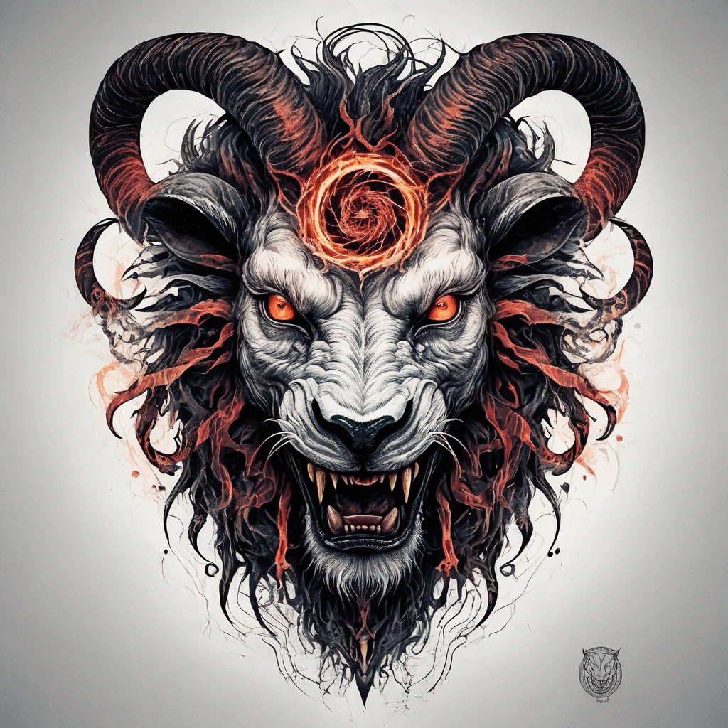 fierce goat-lion demon face, snarling maw, twisted goat horns, glowing eyes, occult sigils, cracked skin, neo-traditional blackwork, bold lines