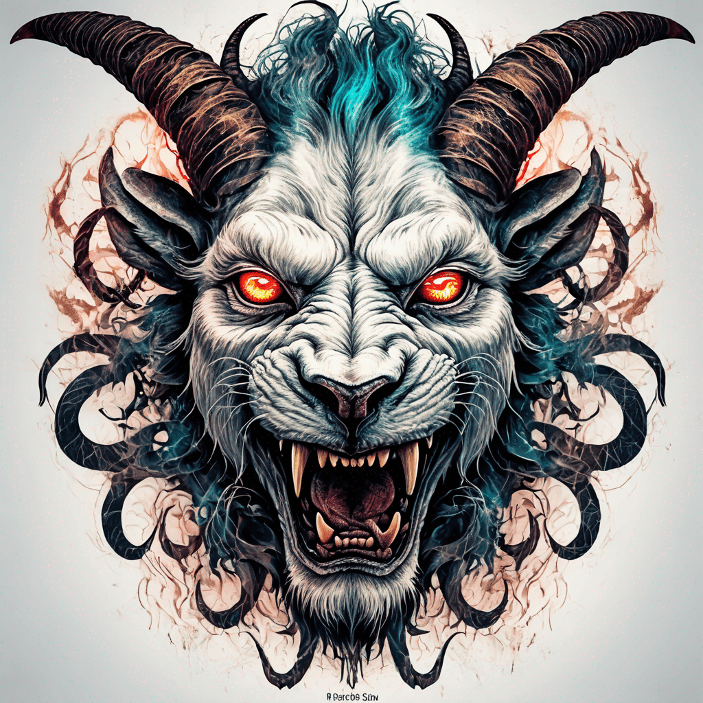 fierce goat-lion demon face, snarling maw, twisted goat horns, glowing eyes, occult sigils, cracked skin, neo-traditional blackwork, bold lines