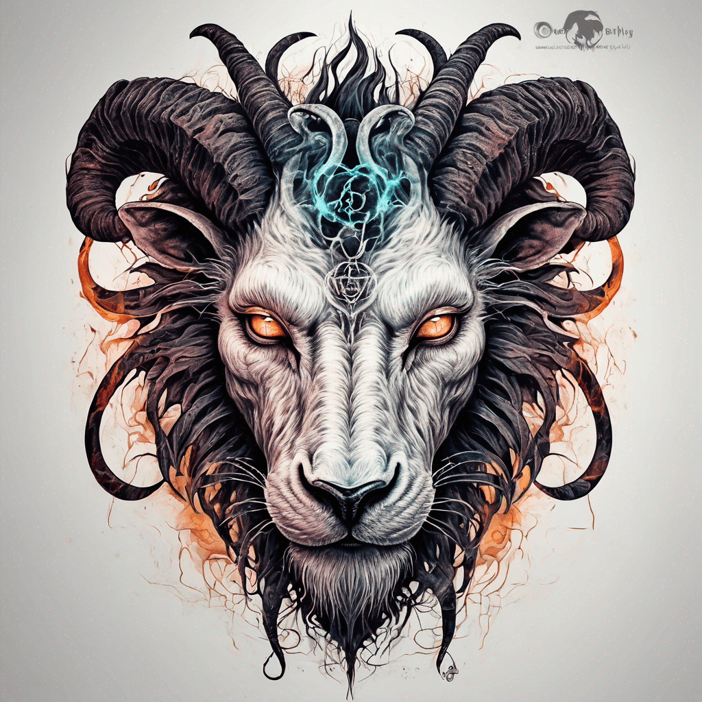 fierce goat-lion demon face, snarling maw, twisted goat horns, glowing eyes, occult sigils, cracked skin, neo-traditional blackwork, bold lines