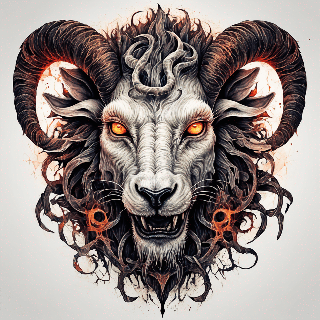 fierce goat-lion demon face, snarling maw, twisted goat horns, glowing eyes, occult sigils, cracked skin, neo-traditional blackwork, bold lines