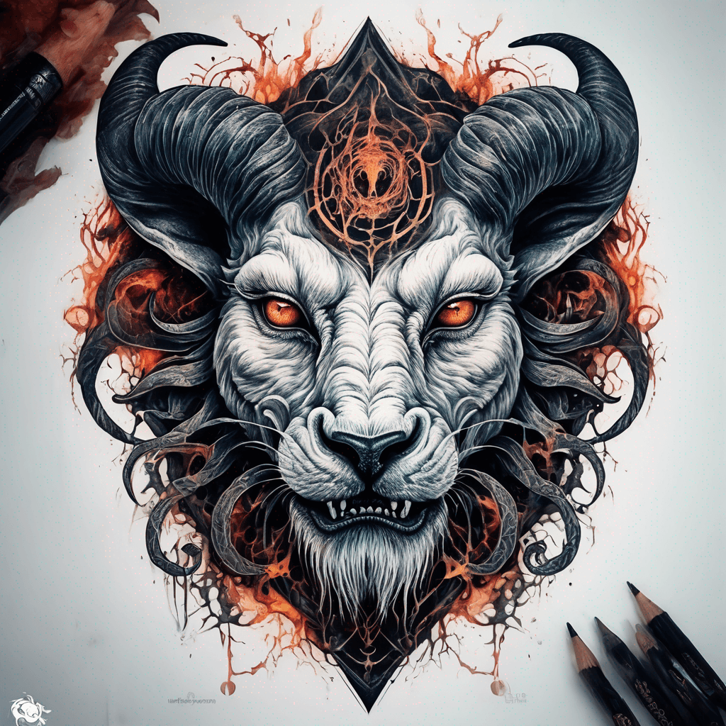 fierce goat-lion demon face, snarling maw, twisted goat horns, glowing eyes, occult sigils, cracked skin, neo-traditional blackwork, bold lines