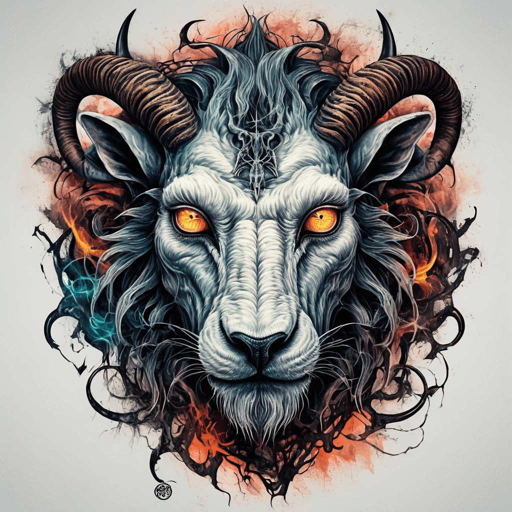 fierce goat-lion demon face, snarling maw, twisted goat horns, glowing eyes, occult sigils, cracked skin, neo-traditional blackwork, bold lines