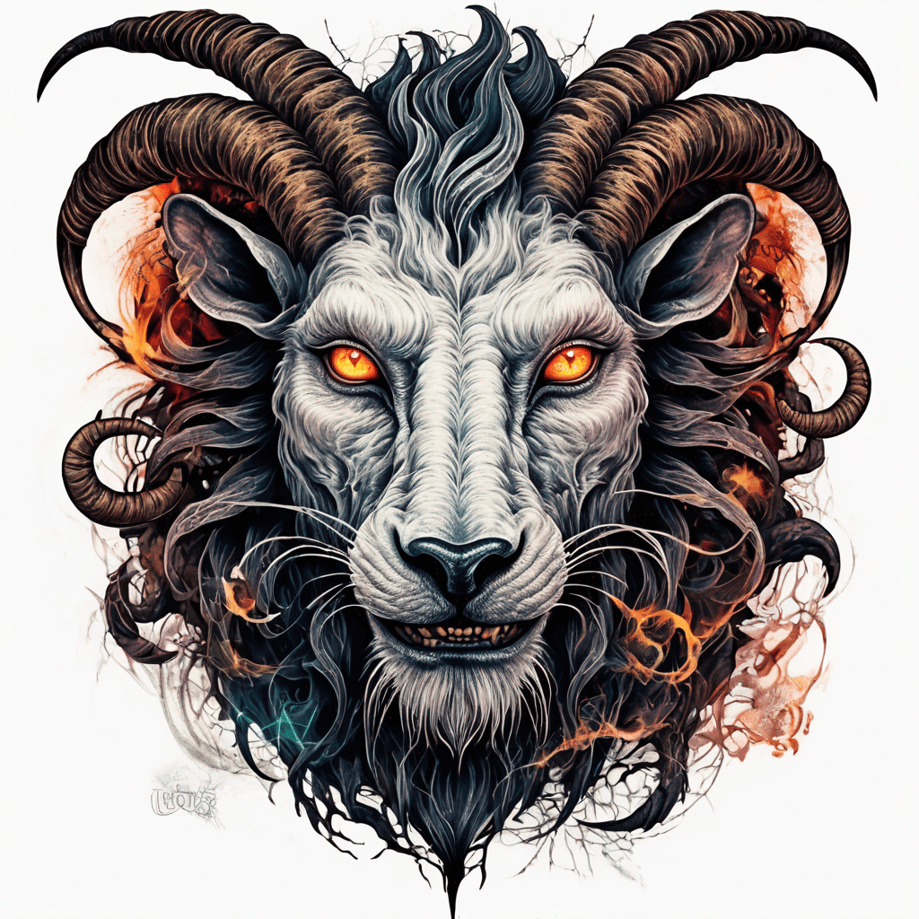 fierce goat-lion demon face, snarling maw, twisted goat horns, glowing eyes, occult sigils, cracked skin, neo-traditional blackwork, bold lines