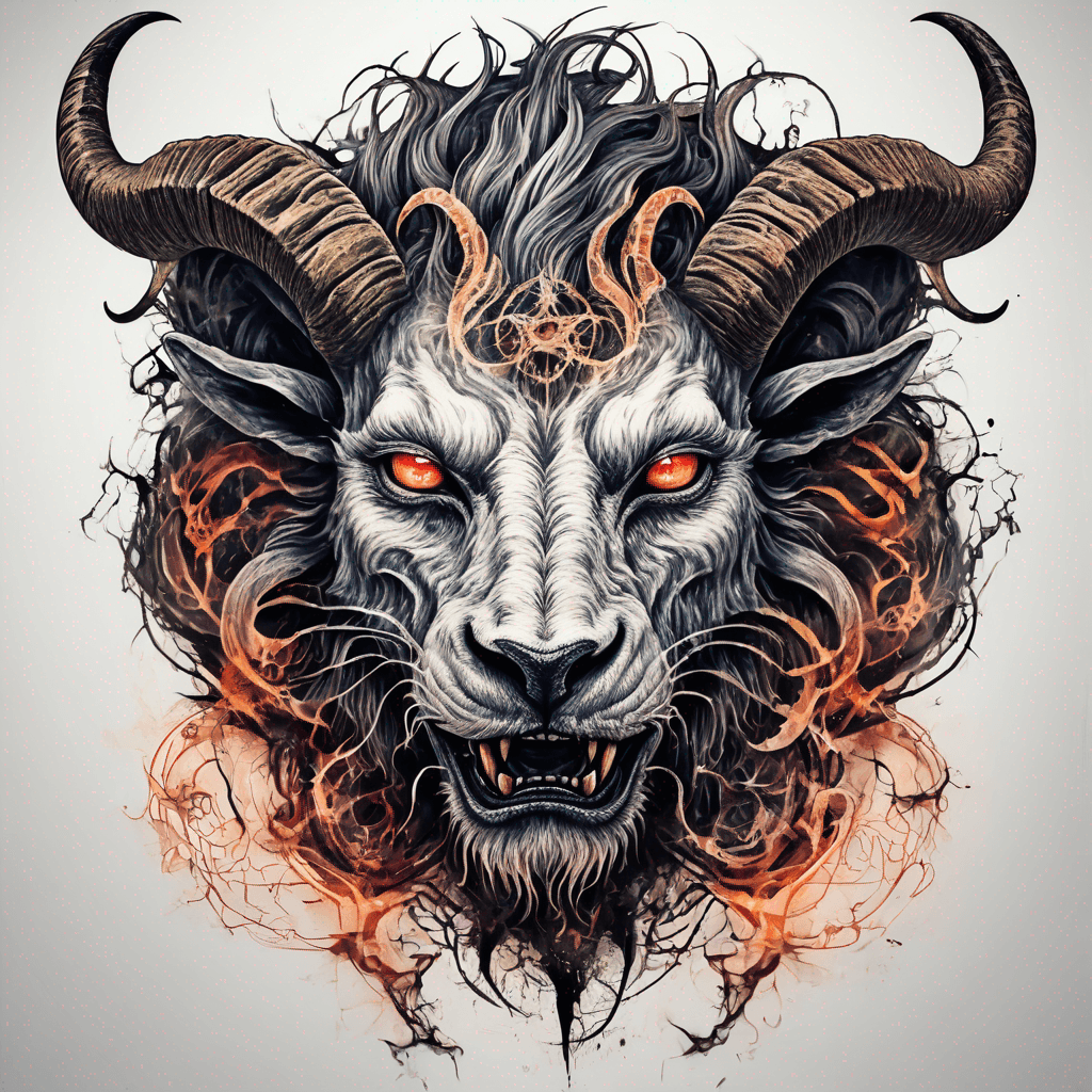 fierce goat-lion demon face, snarling maw, twisted goat horns, glowing eyes, occult sigils, cracked skin, neo-traditional blackwork, bold lines
