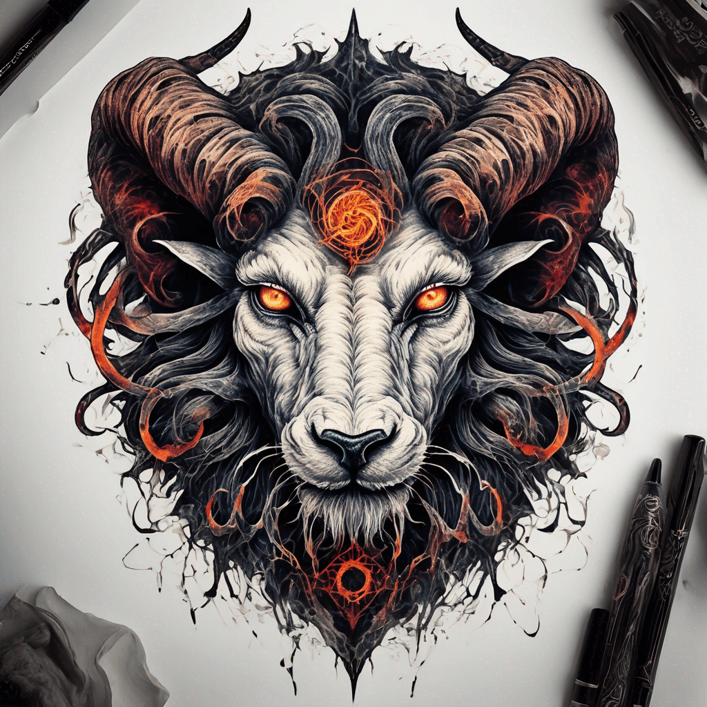 fierce goat-lion demon face, snarling maw, twisted goat horns, glowing eyes, occult sigils, cracked skin, neo-traditional blackwork, bold lines