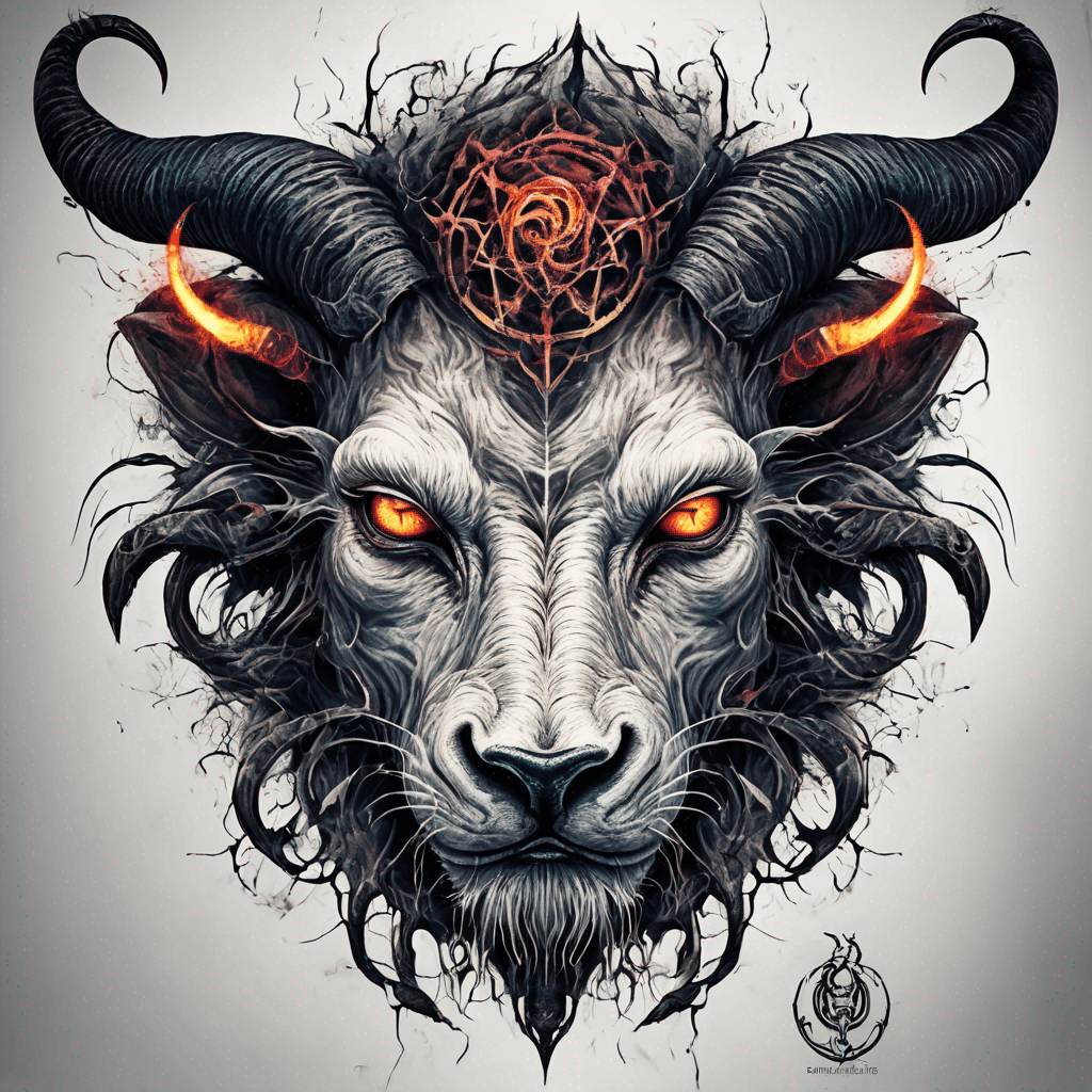 fierce goat-lion demon face, snarling maw, twisted goat horns, glowing eyes, occult sigils, cracked skin, neo-traditional blackwork, bold lines