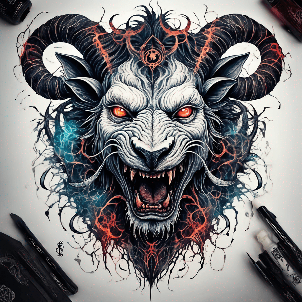 fierce goat-lion demon face, snarling maw, twisted goat horns, glowing eyes, occult sigils, cracked skin, neo-traditional blackwork, bold lines