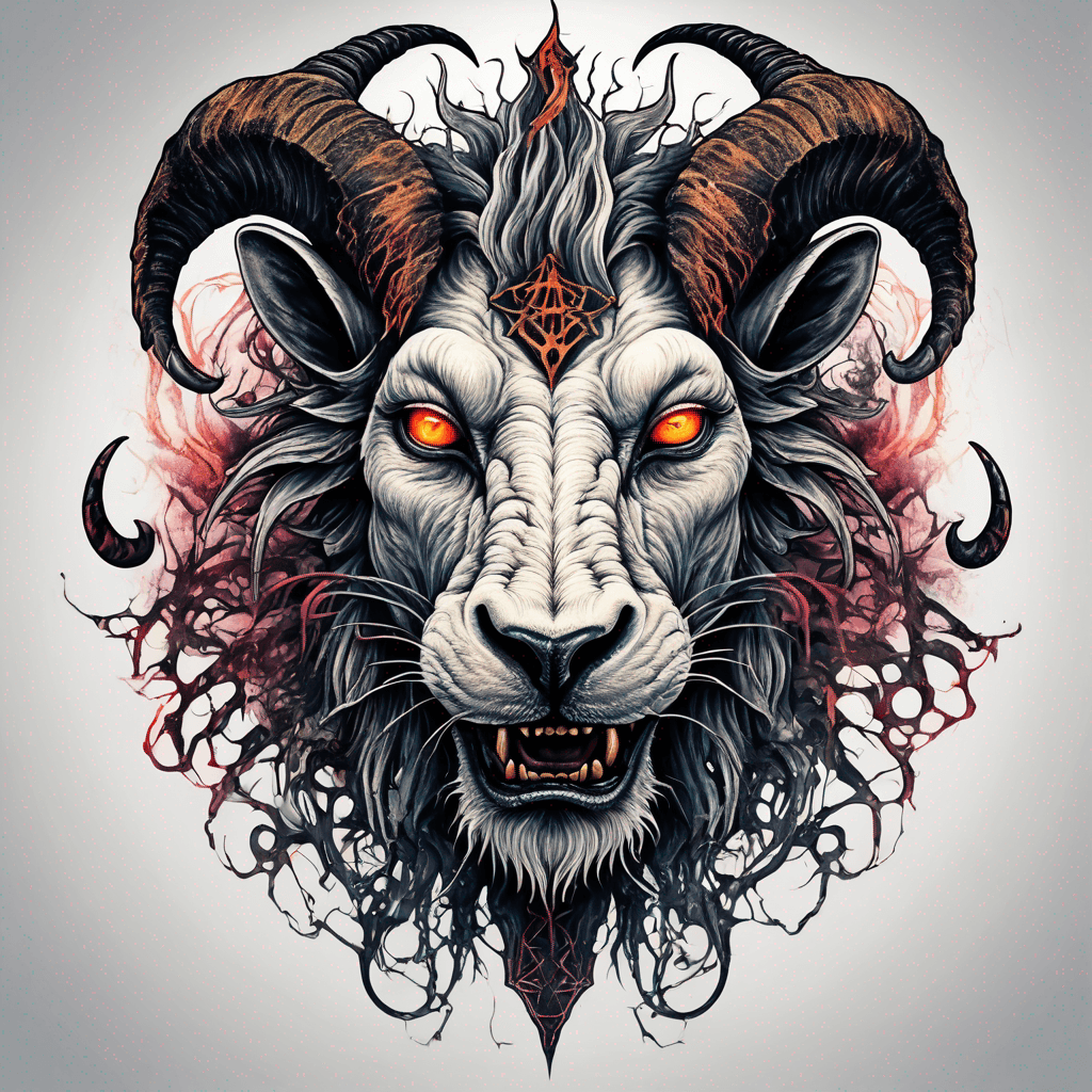 fierce goat-lion demon face, snarling maw, twisted goat horns, glowing eyes, occult sigils, cracked skin, neo-traditional blackwork, bold lines