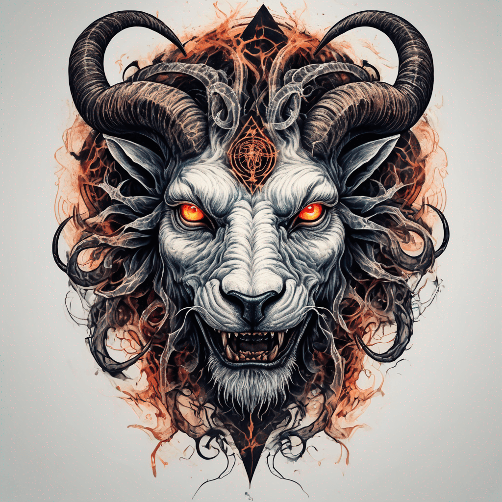 fierce goat-lion demon face, snarling maw, twisted goat horns, glowing eyes, occult sigils, cracked skin, neo-traditional blackwork, bold lines
