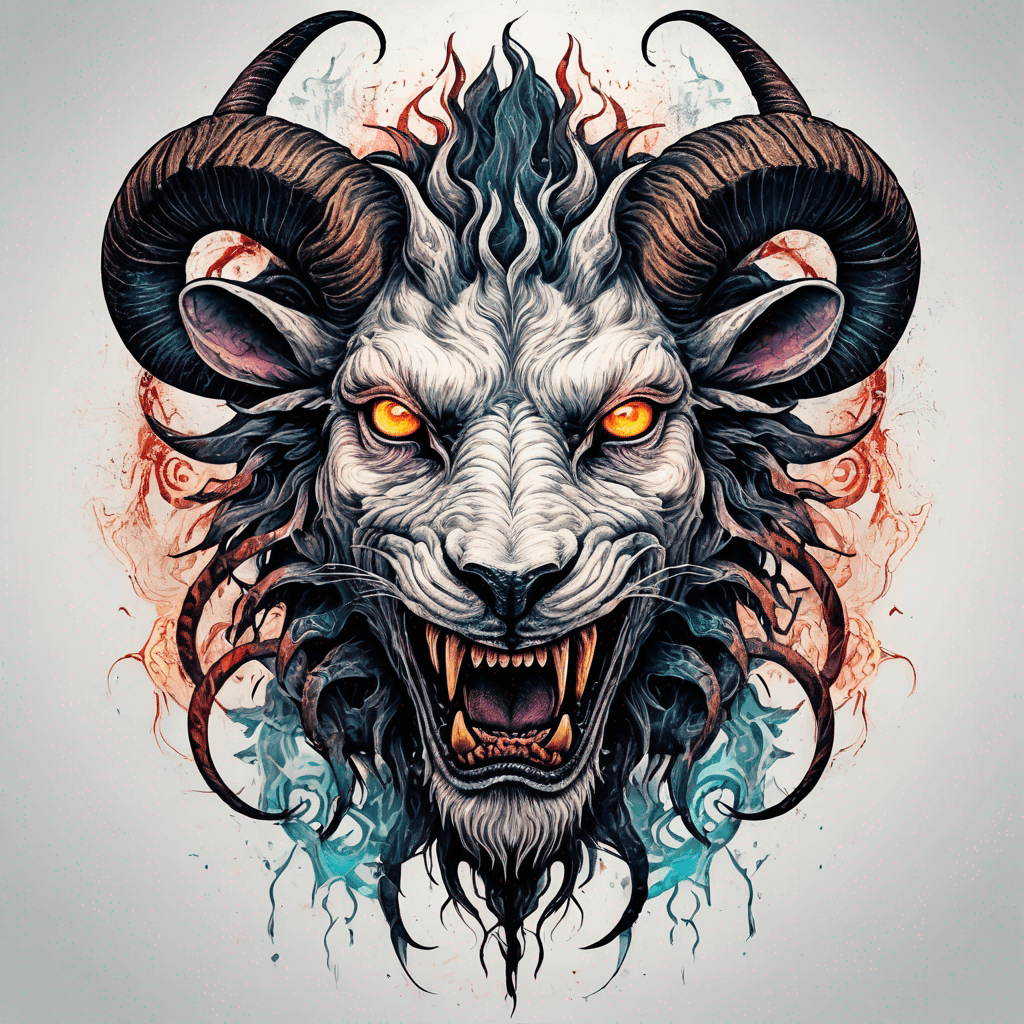 fierce goat-lion demon face, snarling maw, twisted goat horns, glowing eyes, occult sigils, cracked skin, neo-traditional blackwork, bold lines