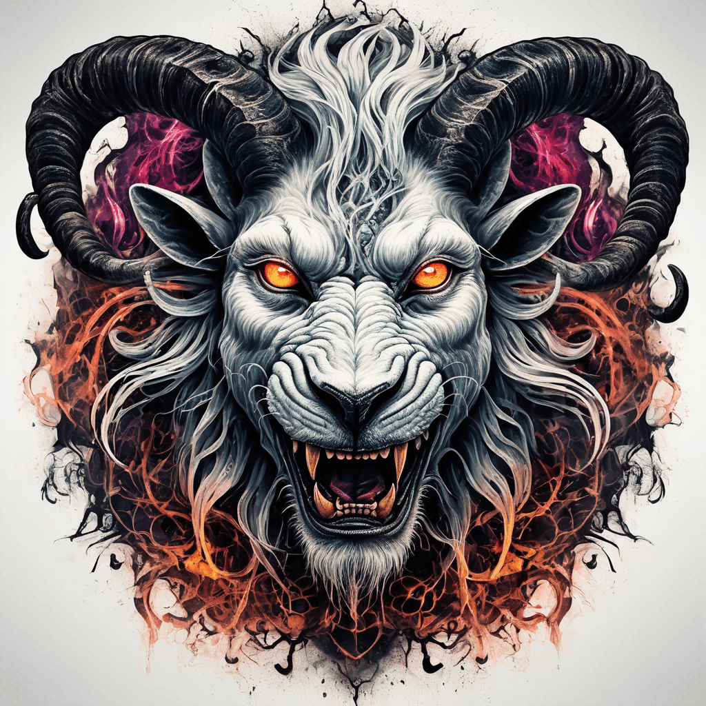 fierce goat-lion demon face, snarling maw, twisted goat horns, glowing eyes, occult sigils, cracked skin, neo-traditional blackwork, bold lines