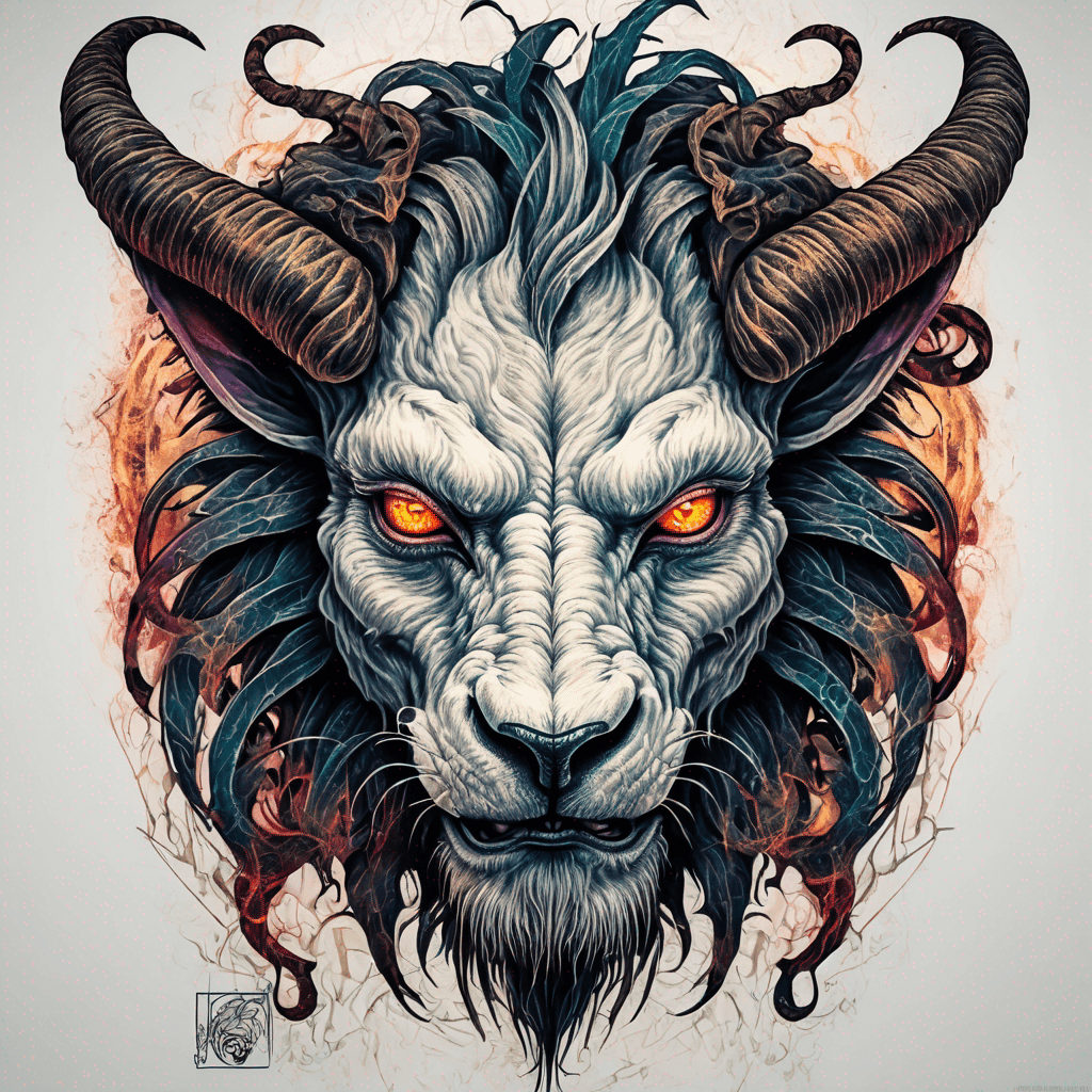 fierce goat-lion demon face, snarling maw, twisted goat horns, glowing eyes, occult sigils, cracked skin, neo-traditional blackwork, bold lines
