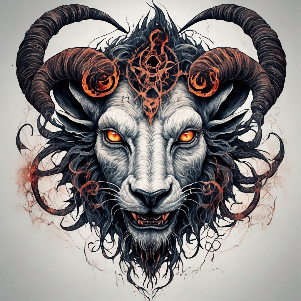 fierce goat-lion demon face, snarling maw, twisted goat horns, glowing eyes, occult sigils, cracked skin, neo-traditional blackwork, bold lines