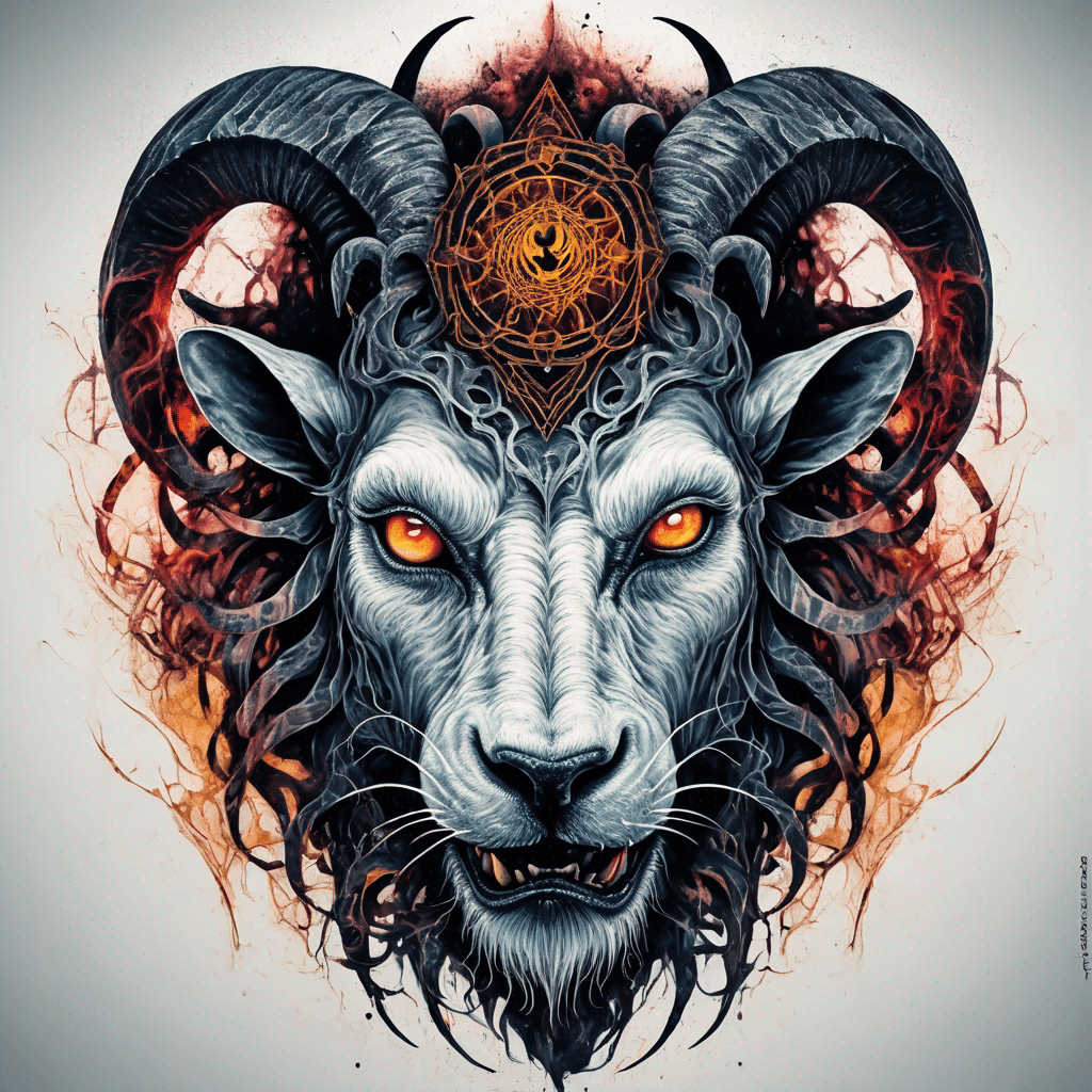 fierce goat-lion demon face, snarling maw, twisted goat horns, glowing eyes, occult sigils, cracked skin, neo-traditional blackwork, bold lines