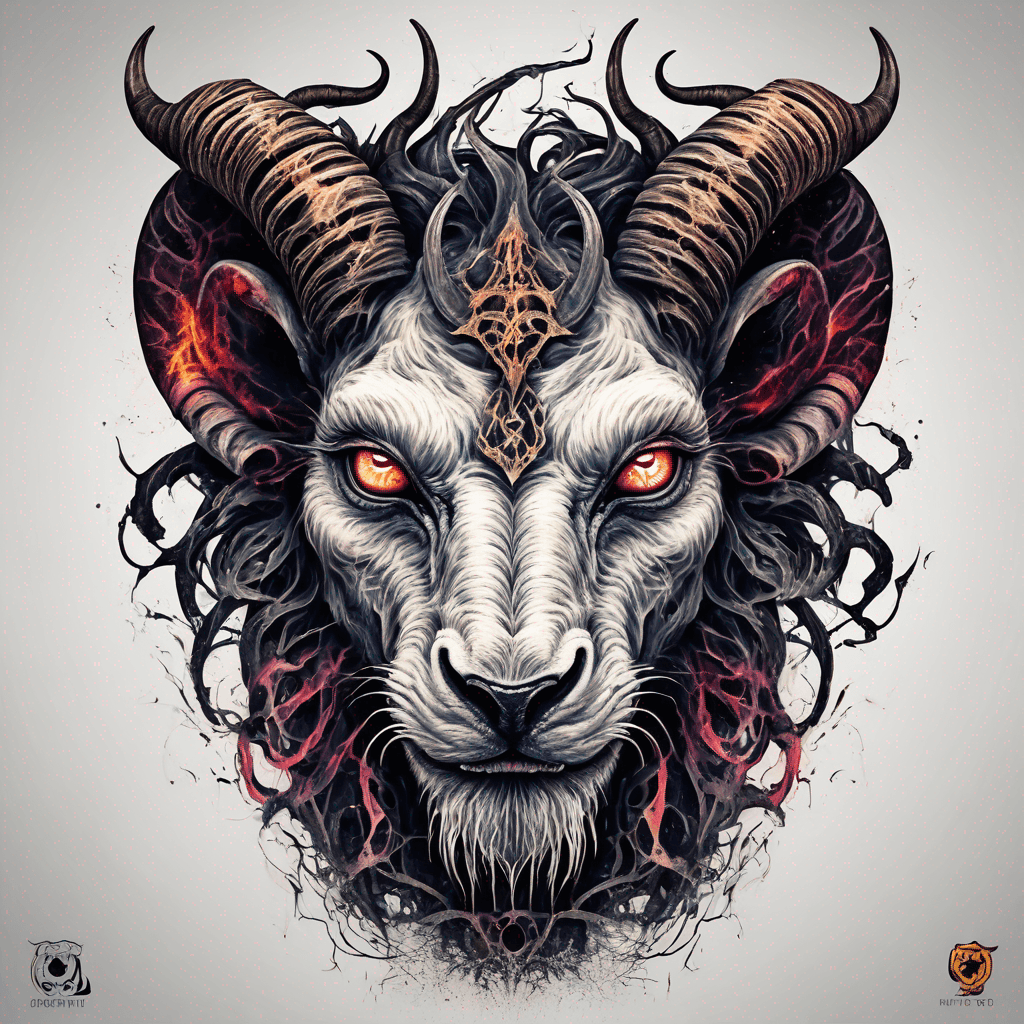 fierce goat-lion demon face, snarling maw, twisted goat horns, glowing eyes, occult sigils, cracked skin, neo-traditional blackwork, bold lines