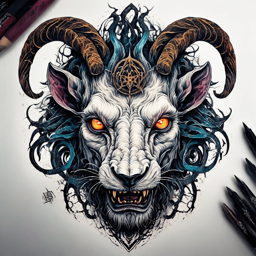 fierce goat-lion demon face, snarling maw, twisted goat horns, glowing eyes, occult sigils, cracked skin, neo-traditional blackwork, bold lines