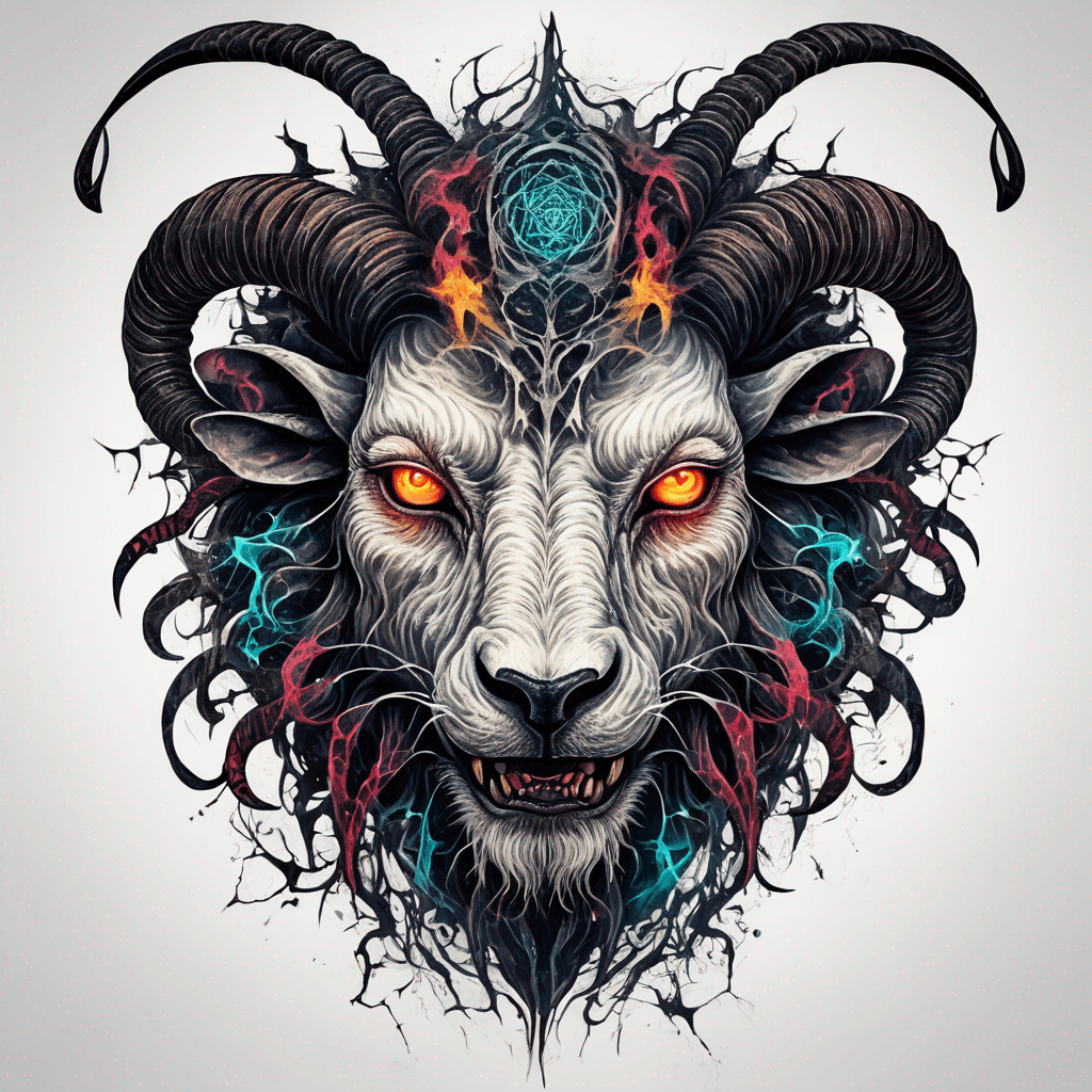 fierce goat-lion demon face, snarling maw, twisted goat horns, glowing eyes, occult sigils, cracked skin, neo-traditional blackwork, bold lines