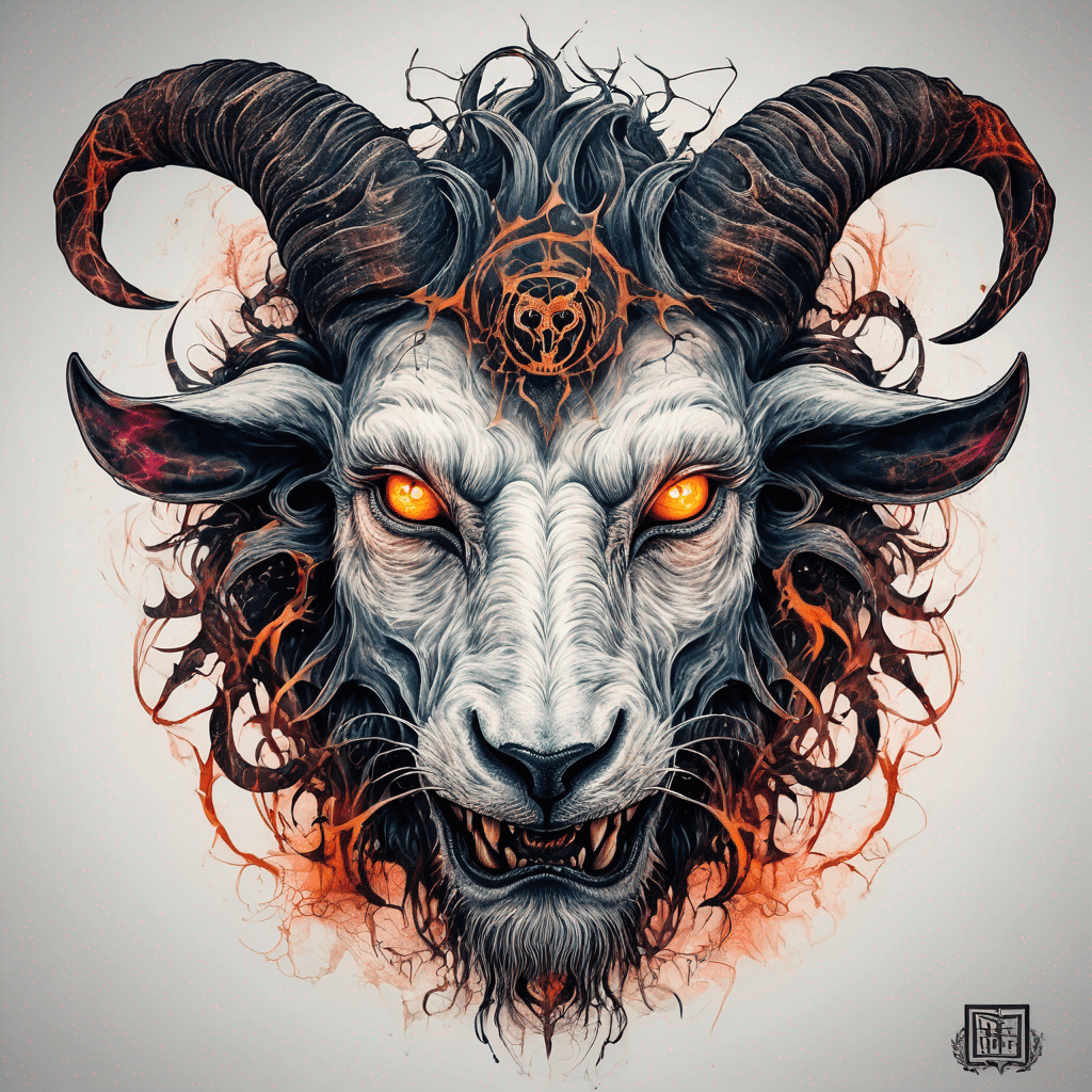 fierce goat-lion demon face, snarling maw, twisted goat horns, glowing eyes, occult sigils, cracked skin, neo-traditional blackwork, bold lines