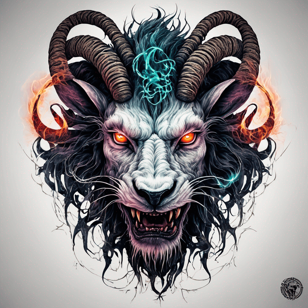 fierce goat-lion demon face, snarling maw, twisted goat horns, glowing eyes, occult sigils, cracked skin, neo-traditional blackwork, bold lines
