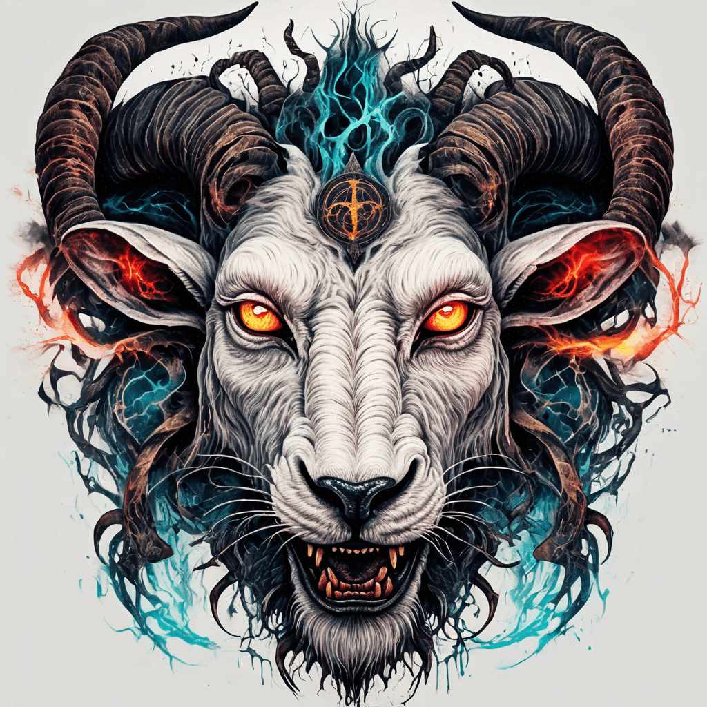 fierce goat-lion demon face, snarling maw, twisted goat horns, glowing eyes, occult sigils, cracked skin, neo-traditional blackwork, bold lines