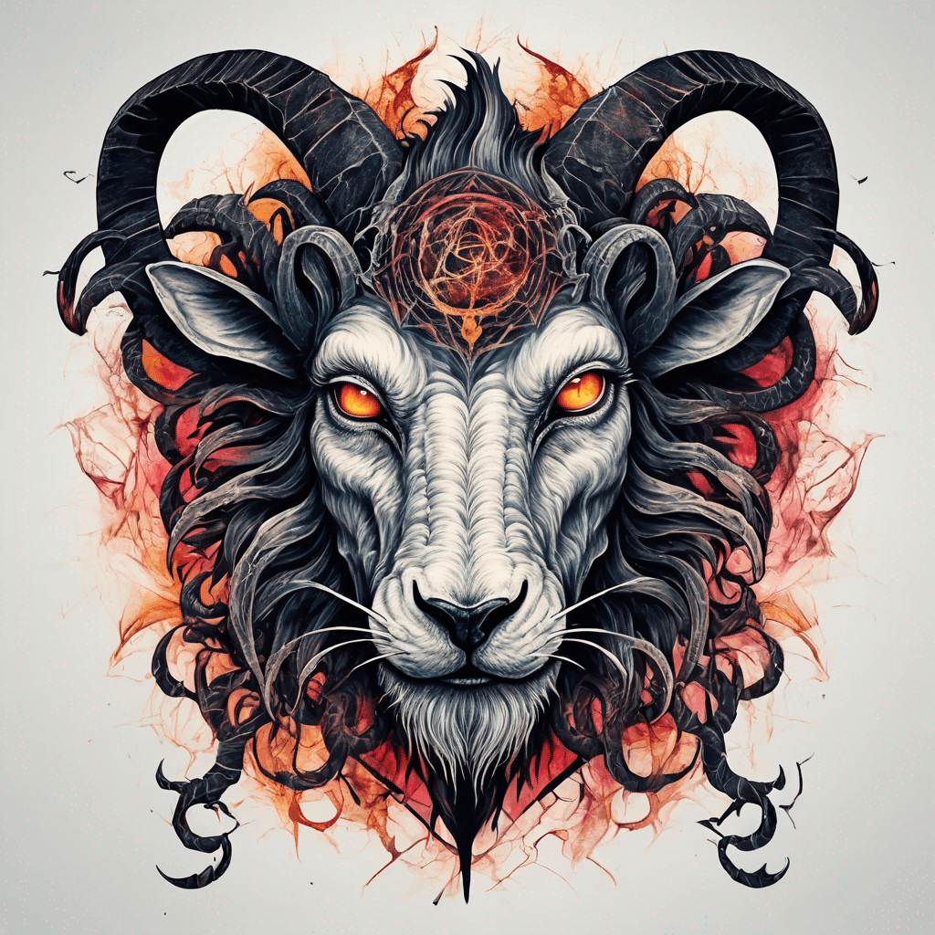 fierce goat-lion demon face, snarling maw, twisted goat horns, glowing eyes, occult sigils, cracked skin, neo-traditional blackwork, bold lines