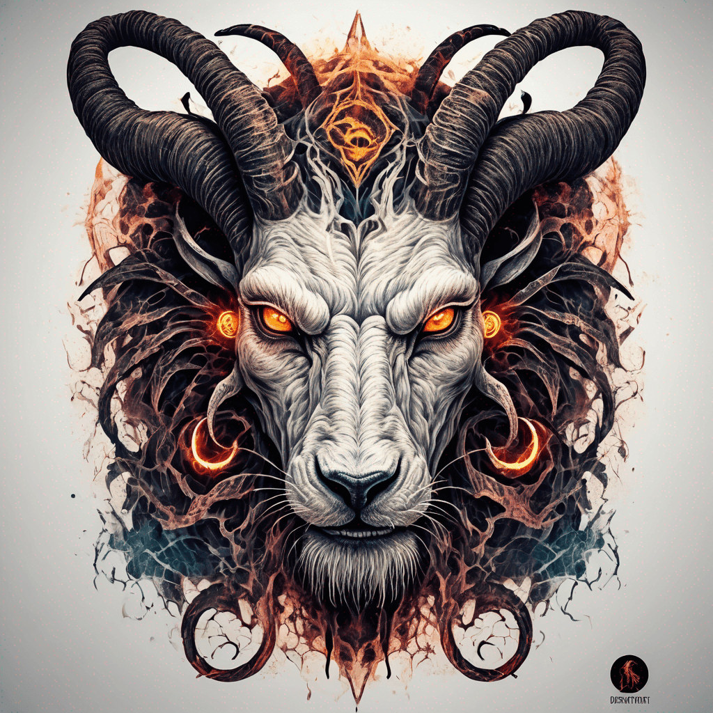 fierce goat-lion demon face, snarling maw, twisted goat horns, glowing eyes, occult sigils, cracked skin, neo-traditional blackwork, bold lines
